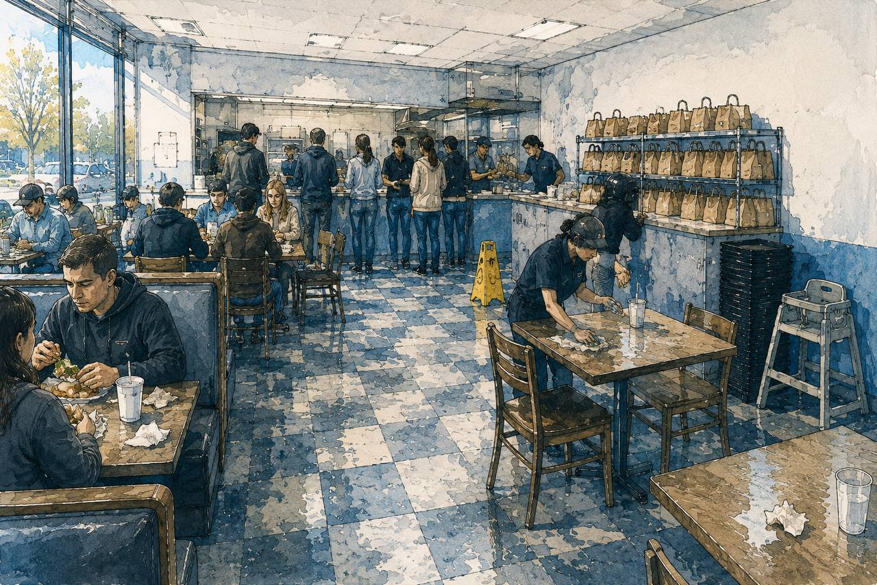 The dining room at lunch: tables full, a queue at the counter, and delivery bags stacked on the pickup shelf.