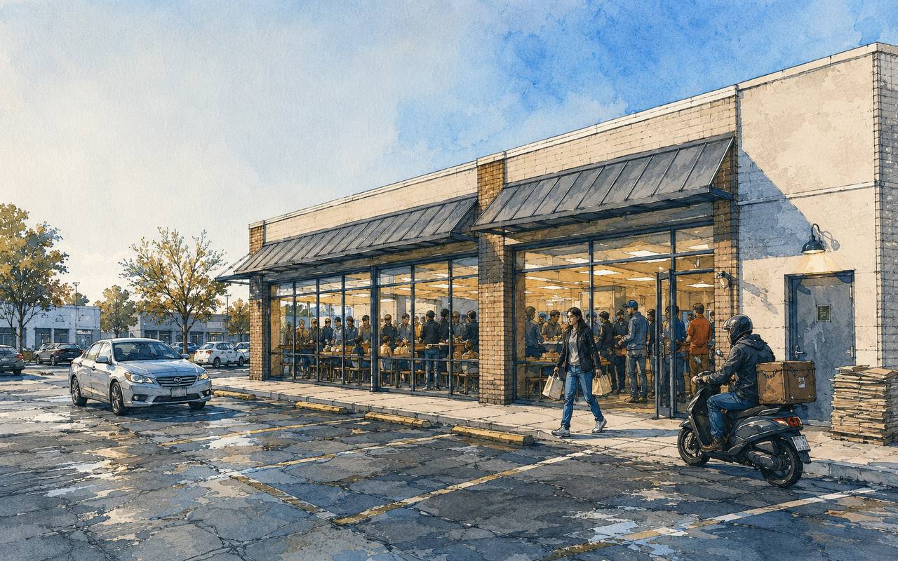 A busy sandwich shop seen from the parking lot, guests visible through the glass and a delivery scooter at the kerb.