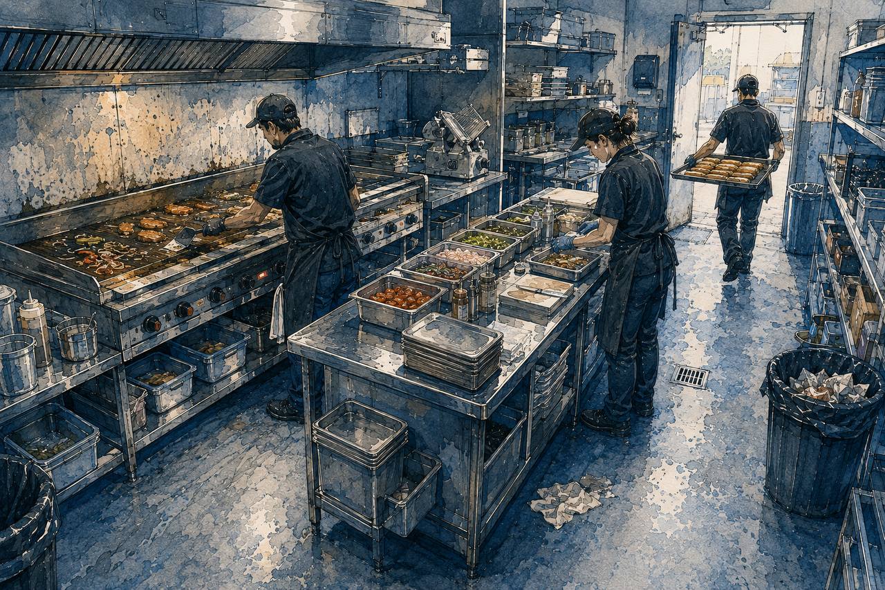 The back kitchen and prep area, a cook at the grill and product being portioned.