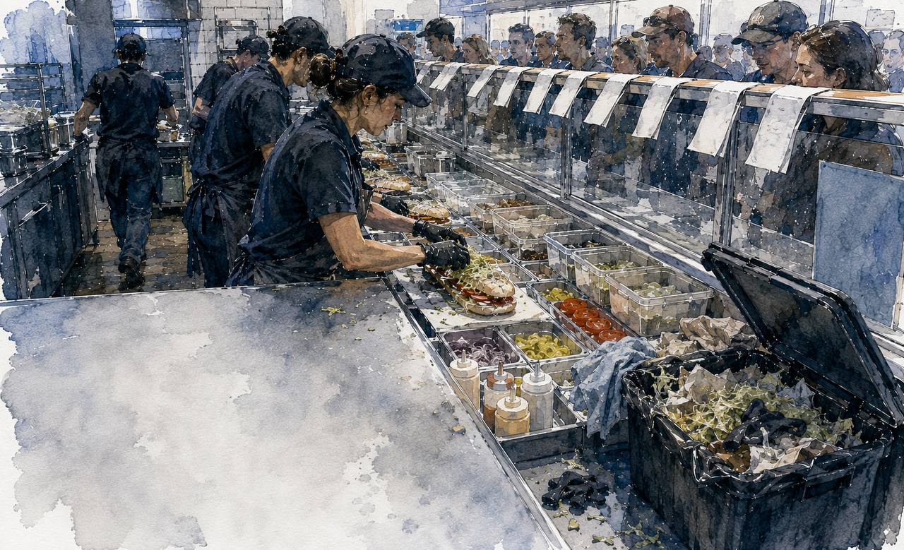 The make line mid-rush, crew working shoulder to shoulder with tickets on the rail.