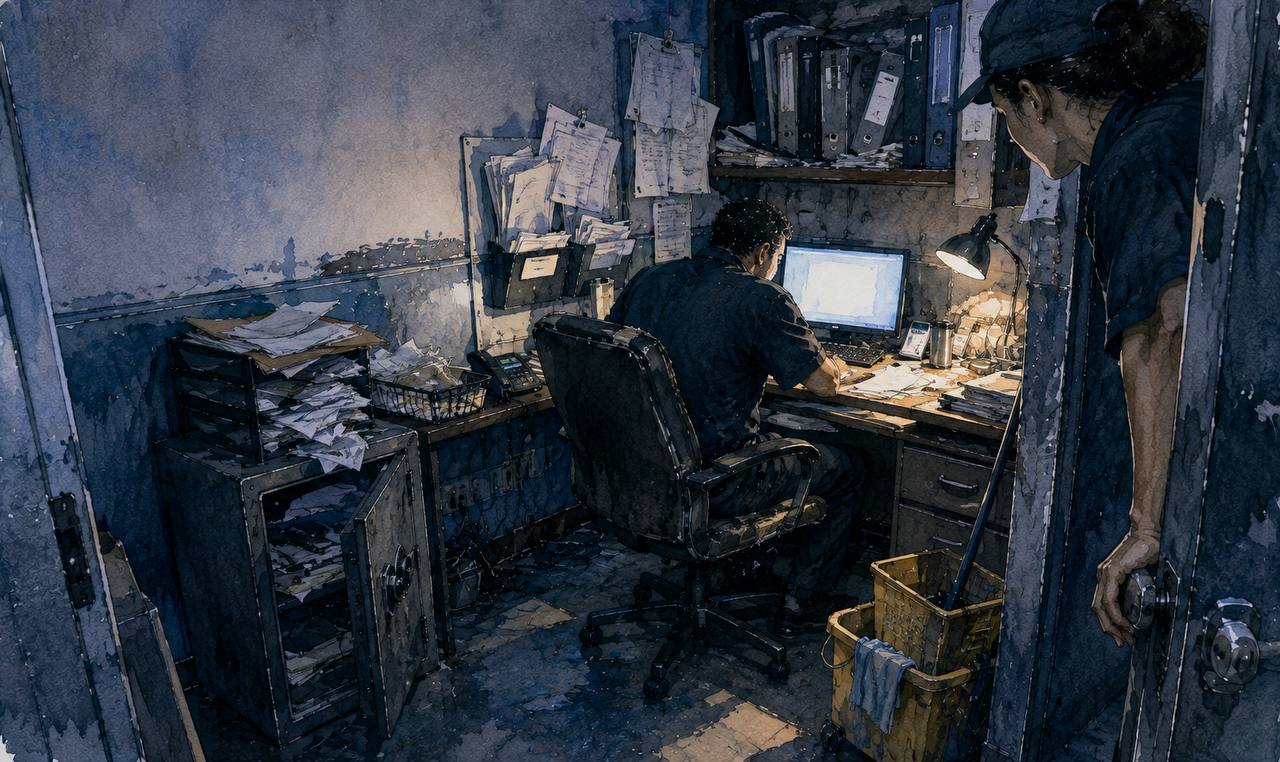 A cramped back office late in the evening, invoices spilling from a tray under a desk lamp.