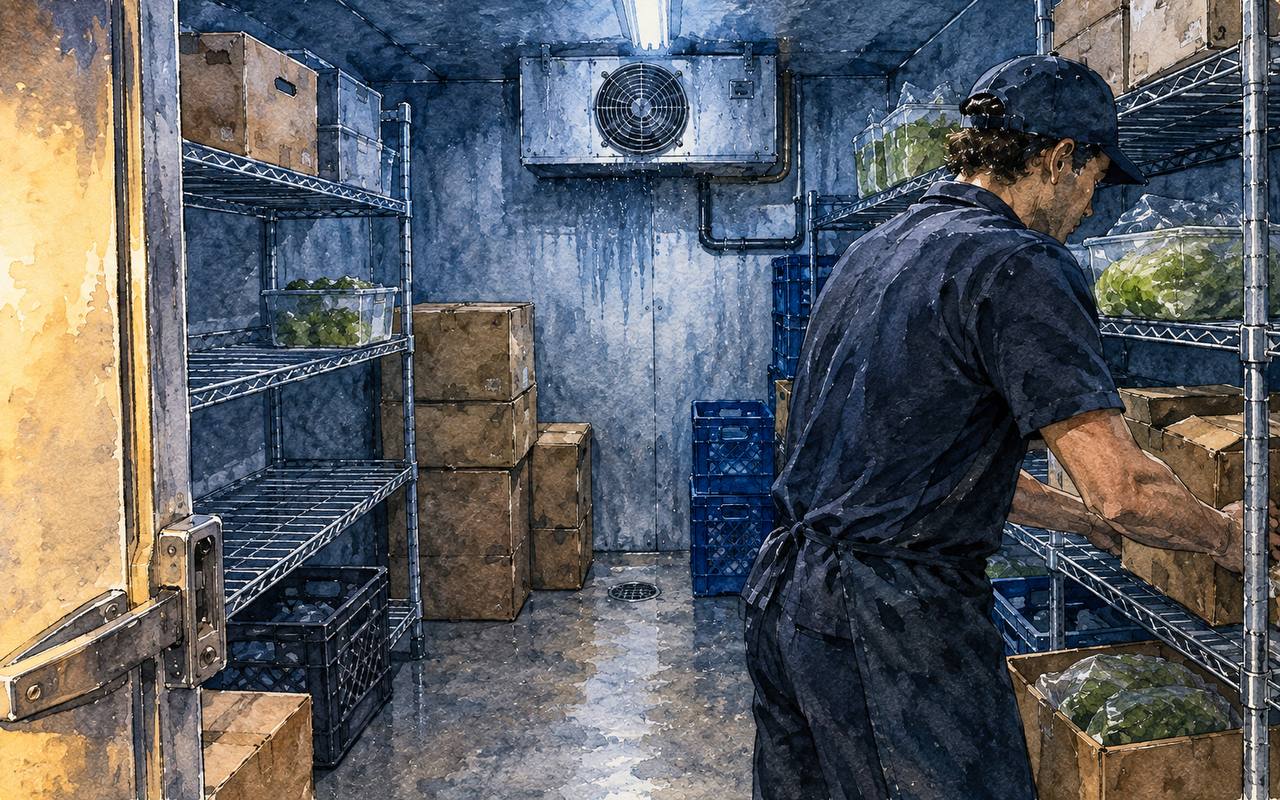 Inside the walk-in cooler, cases on the shelves and the compressor unit on the back wall.